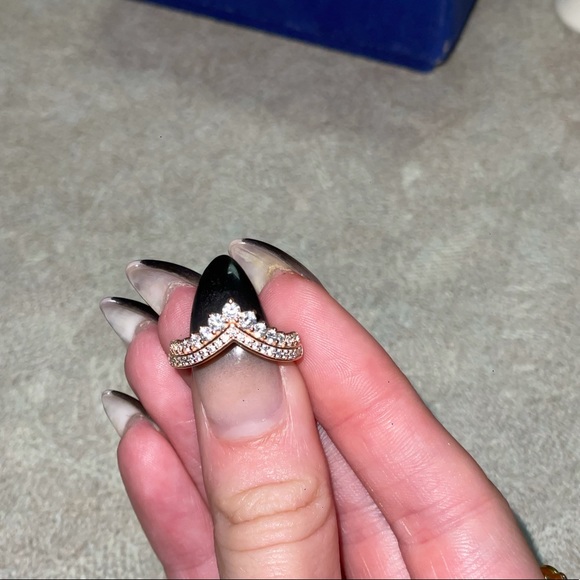 Pandora rose gold tear drop halo ring and and princess wishbone ring stack - Picture 5 of 8